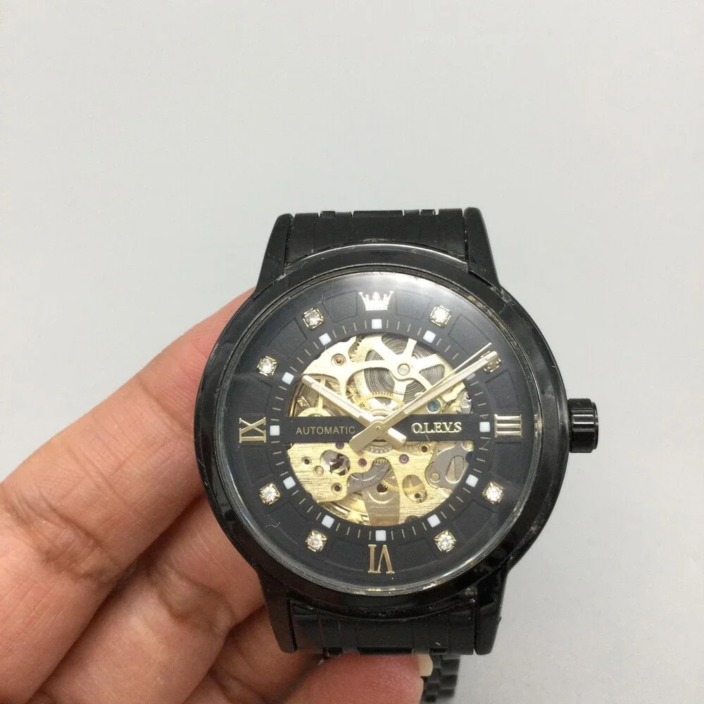 OLEVS G9901 Mens Watch 41mm Black Gold Tone Skeleton Stainless Automatic 7.25
